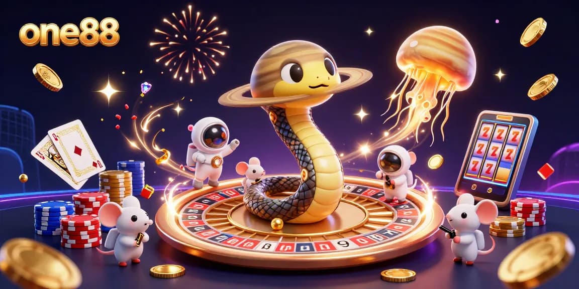 Engage in exciting gaming adventures with one88's dynamic 3D casino scene illustration, featuring animated playful elements.