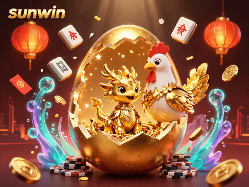 Experience sunwin's thrilling 3D gaming with a golden dragon amidst poker chips and festive elements.