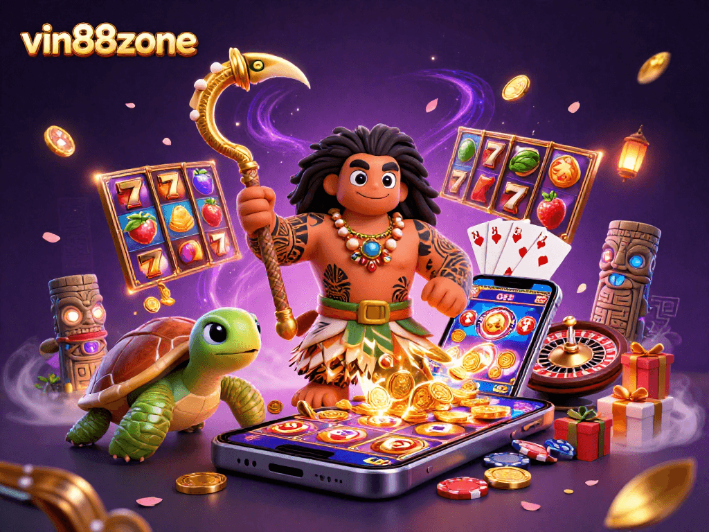 Experience vibrant slot games with vin88zone's magical characters in a dynamic casino scene.