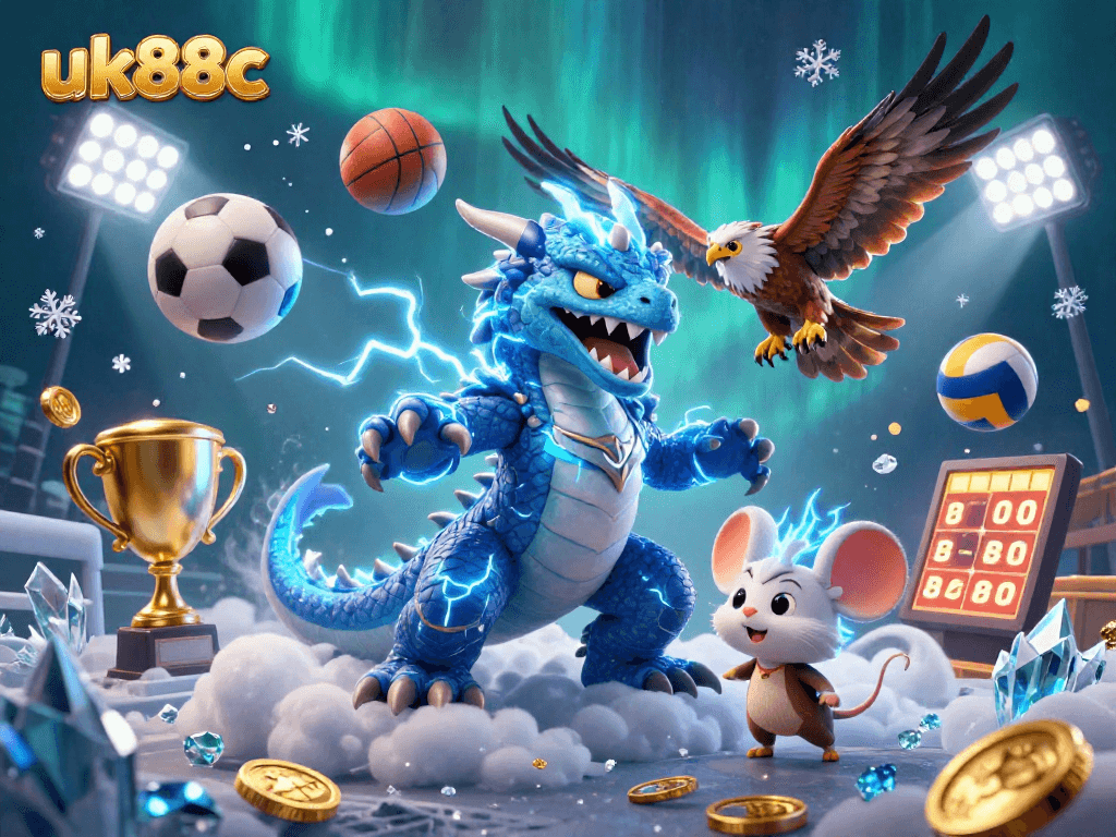 Engage in sports betting at uk88c with electrifying elements and dynamic visuals in a thrilling 3D scene.