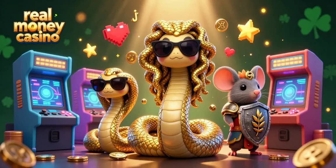 Engage at a real money casino with Medusa and a warrior mouse in a vibrant gaming scene.