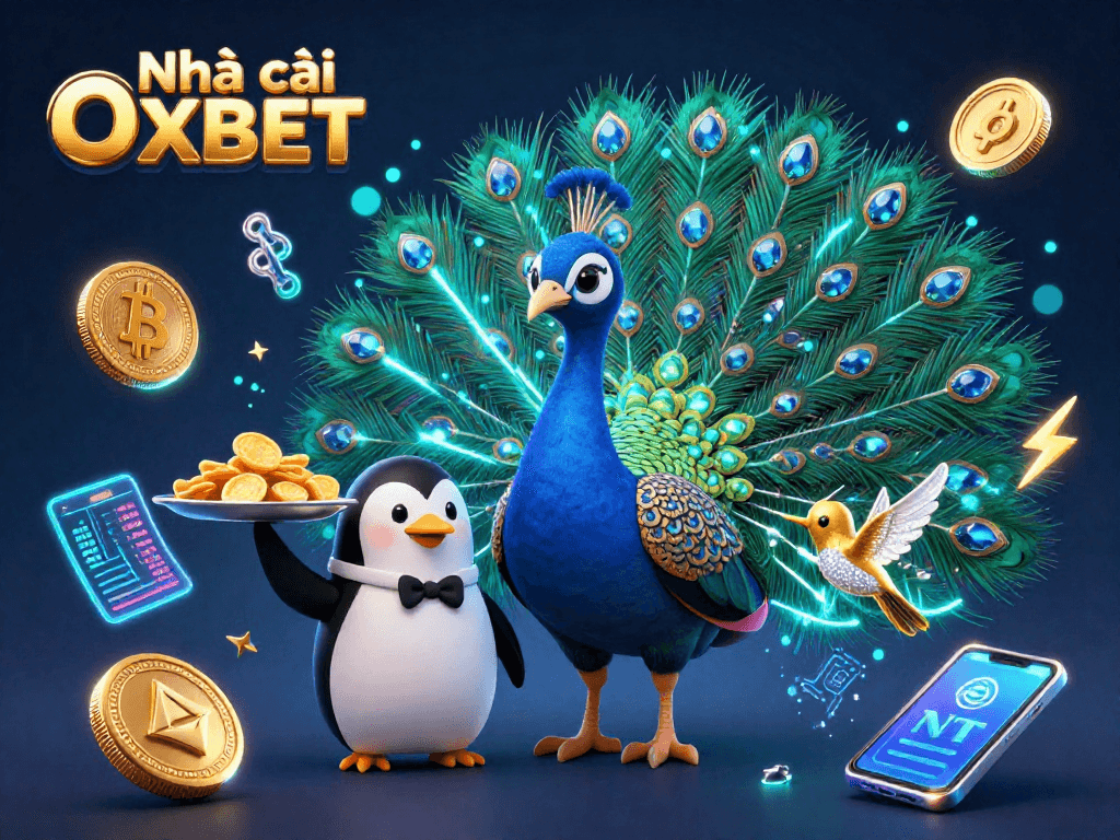 Experience the thrill of Nhà cái OXBET in this vibrant 3D illustration showcasing casino excitement and crypto elements.