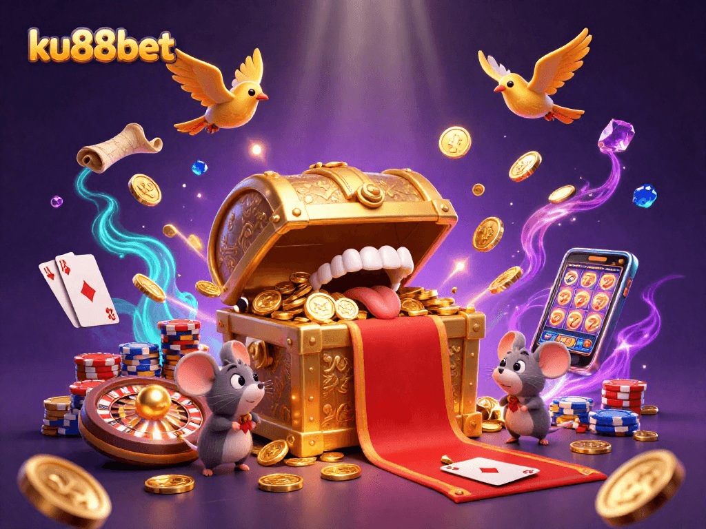 Experience the winning thrills of ku88bet with a vibrant 3D casino adventure illustration.