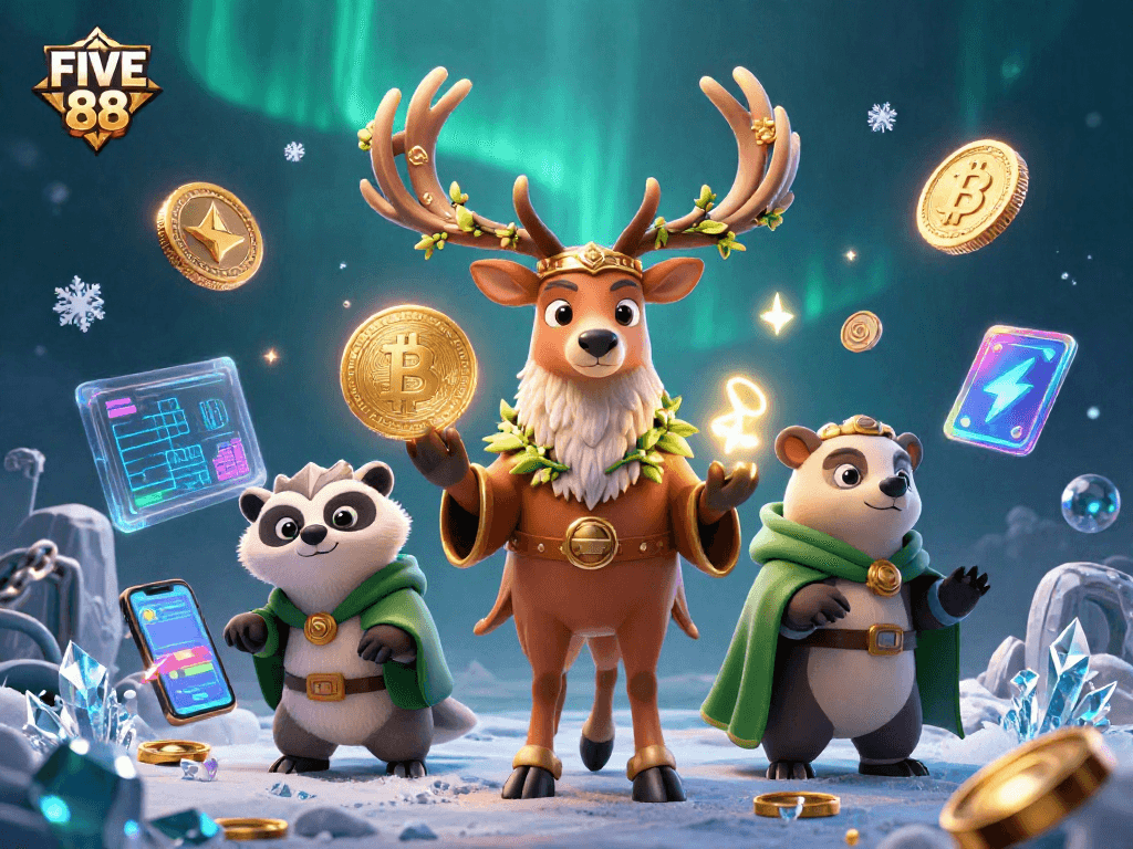 Experience FIVE 88 with a vibrant 3D scene of Celtic characters embracing crypto gaming action.