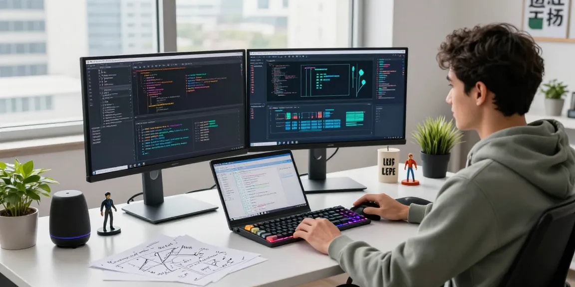 Dynamic workspace featuring a programmer at their desk coding, highlighting the WPS Official Website in a productive tech environment.