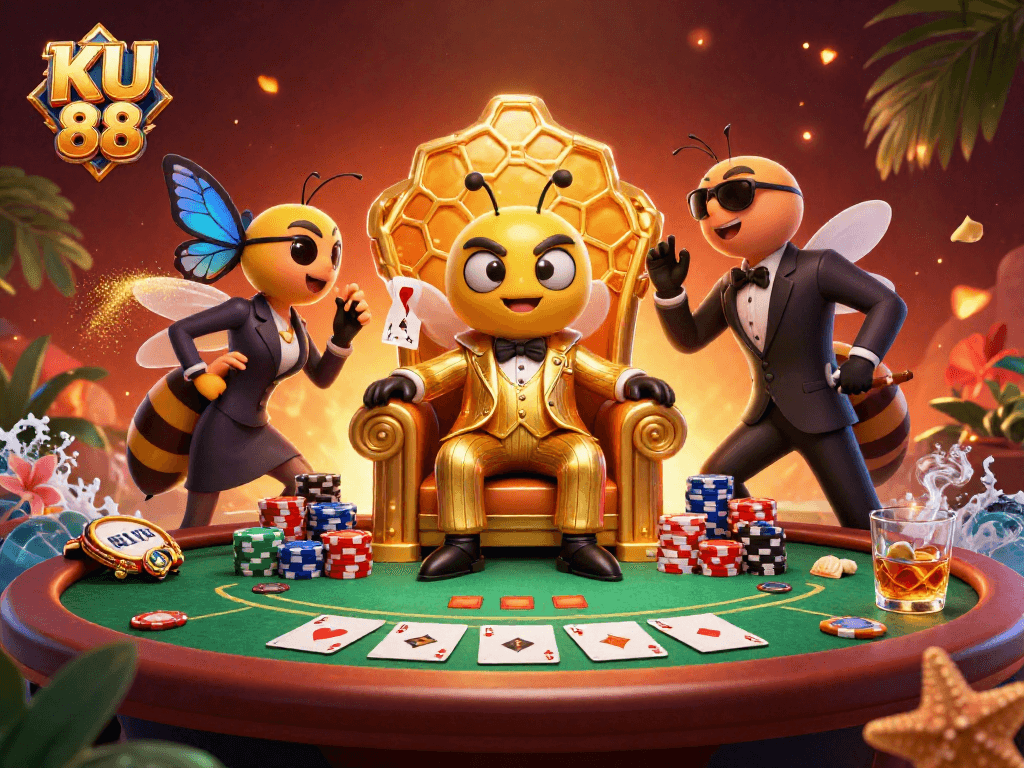 Engage with KU 88's thrilling poker scene showcasing vibrant characters and action-packed elements.