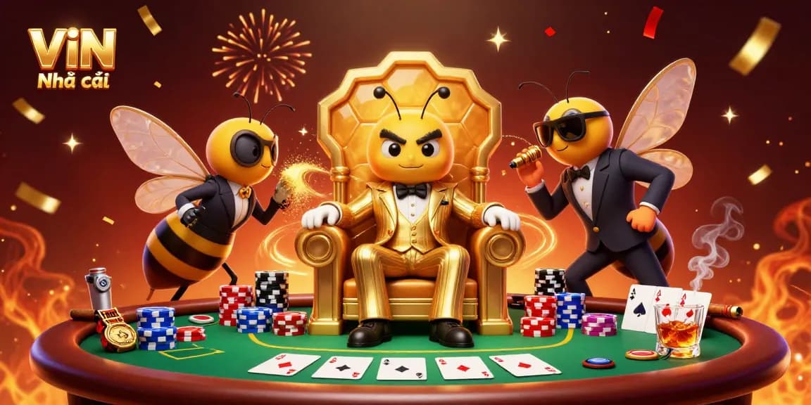 Engage with winnings at VIN Nhà cái, a vibrant bumblebee mob boss scene filled with poker elements.