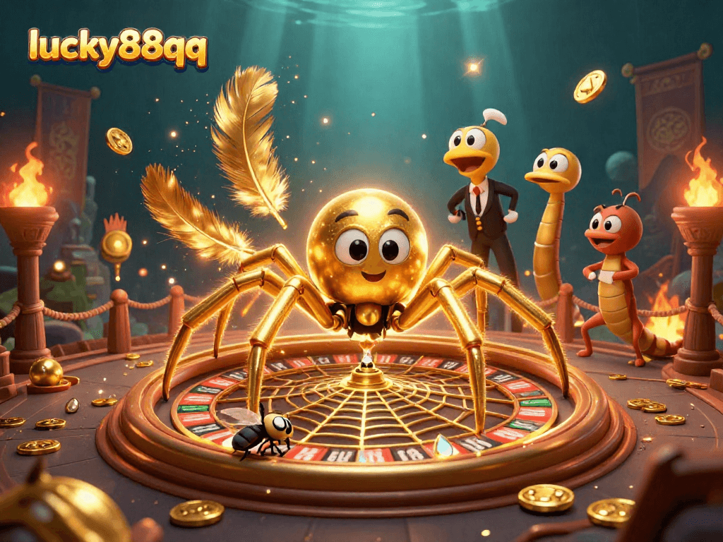 Watch lucky88qq's golden spider and centipede croupier create thrilling bets in a dynamic casino scene.