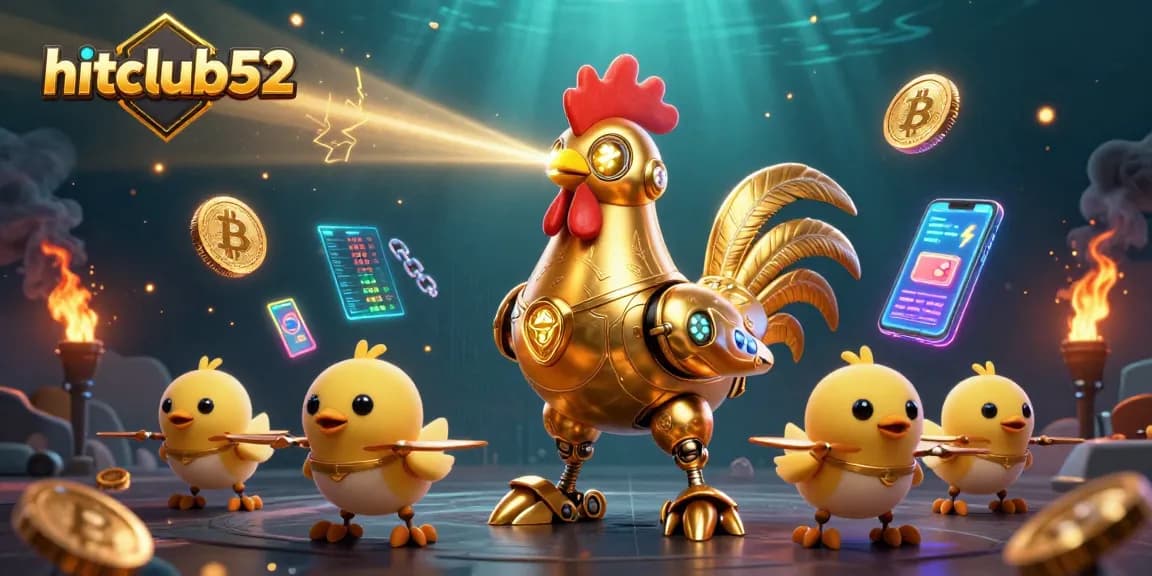 Engage in vibrant gaming with hitclub52 featuring a golden rooster robot amidst crypto theme.