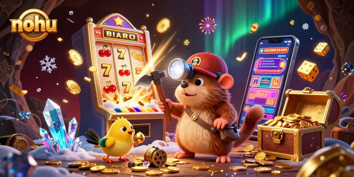 Nohu brings excitement as a treasure hunter mole explores a glowing cave of riches, surrounded by casino games.