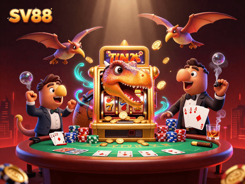 SV88 slots and casino chaos with dinosaurs, showcasing vibrant jackpot action and fun