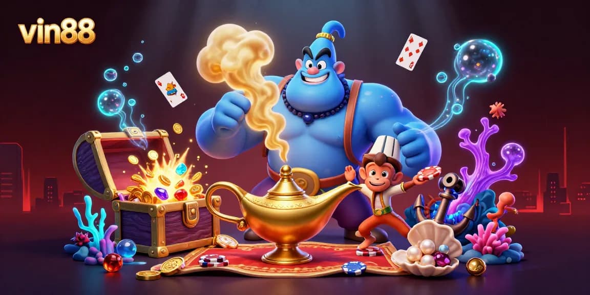 vin88 casino illustration featuring a genie, monkey, and poker chips, creating excitement.