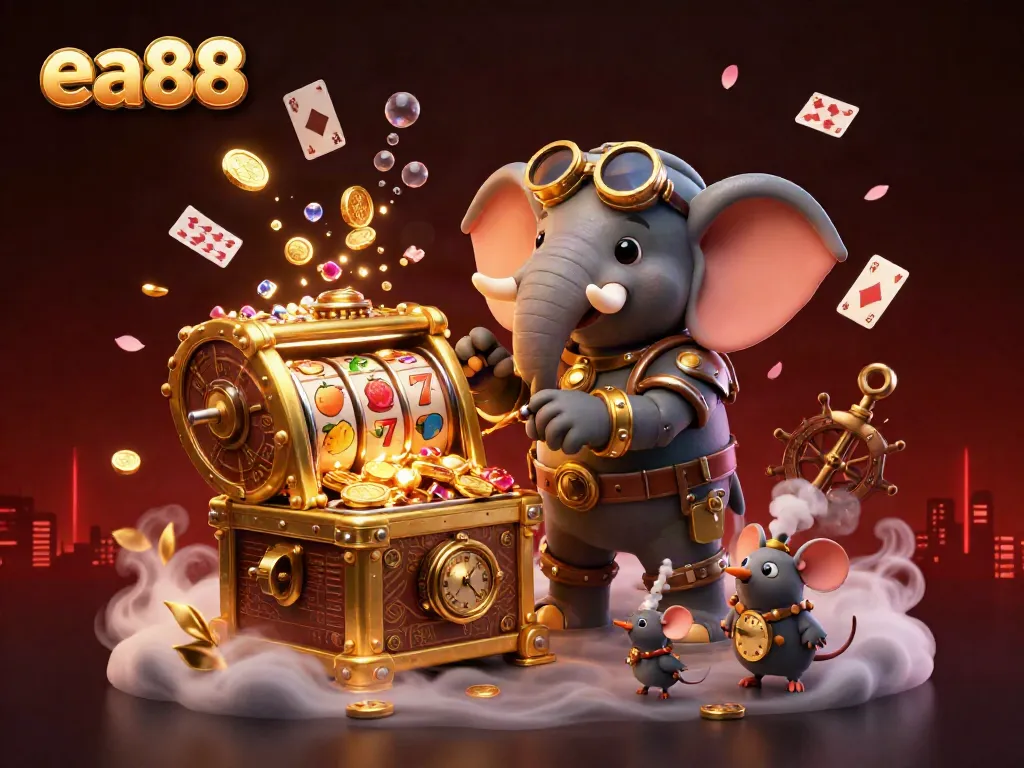 Experience excitement at ea88 with a steampunk elephant operating a golden slot machine amidst shimmering treasures.