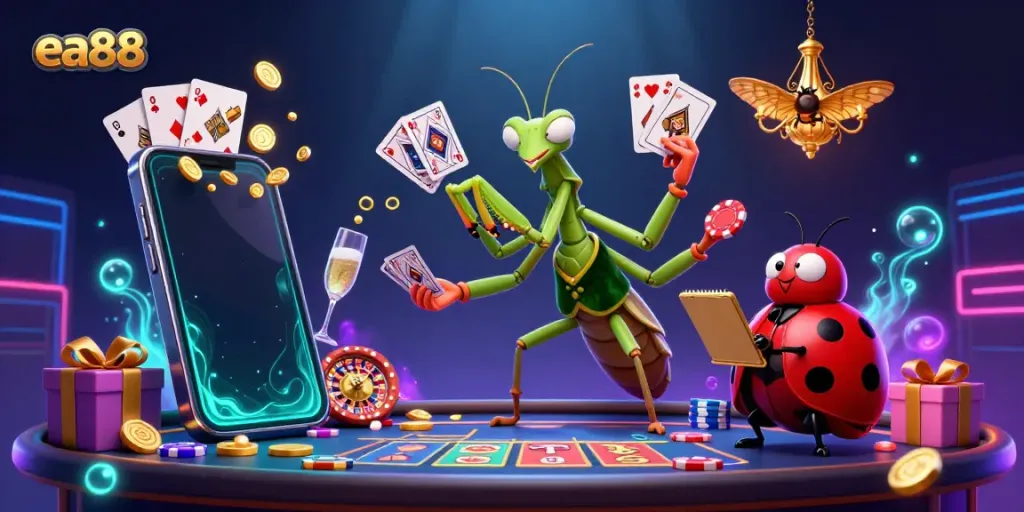 Experience the thrill of gambling with ea88 in this vibrant 3D illustration showcasing a dynamic casino scene.