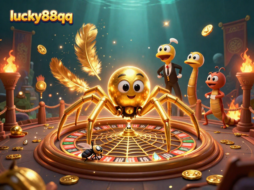 Watch lucky88qq's golden spider and centipede croupier create thrilling bets in a dynamic casino scene.