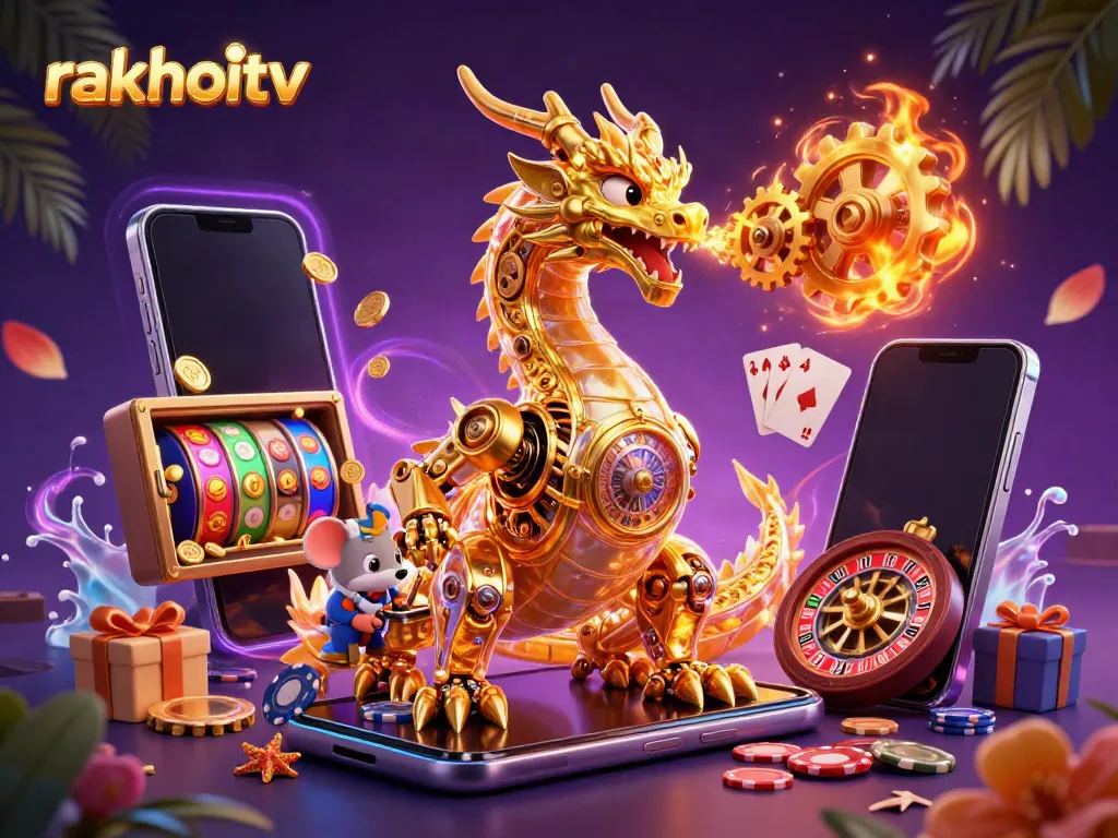 Experience rakhoitv's thrilling slot adventure with a golden dragon in epic 3D illustration.