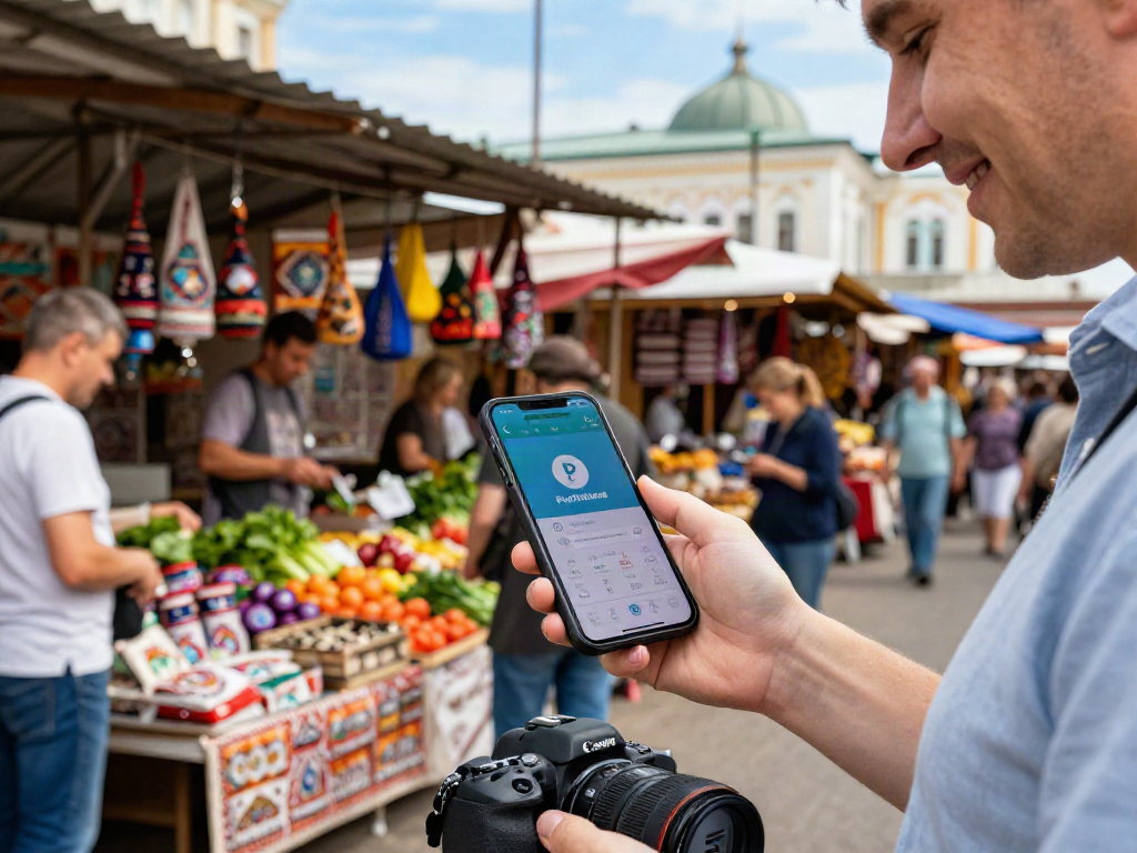 Turista usando https://payinrussia.com/ en un mercado ruso vibrante, rodeado de vendedores locales.