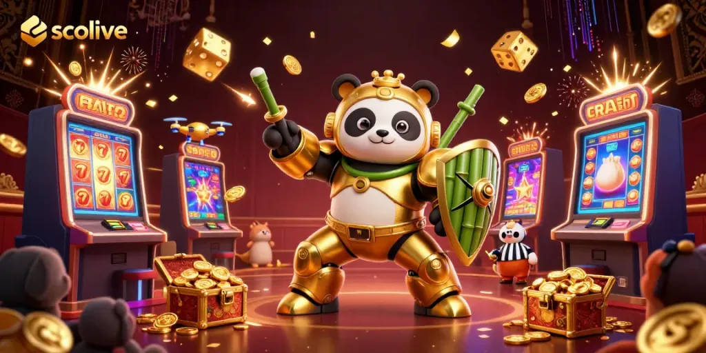Socolive showcases an exhilarating 3D scene featuring a mech-suit panda and dynamic casino elements in action.