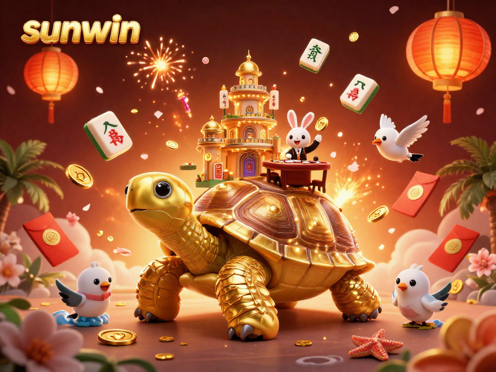 Experience thrilling games at Sunwin with a dynamic illustration featuring a golden tortoise and a rabbit dealer.
