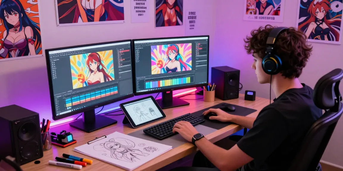 Vibrant creative workspace with animator working on AI hentai art