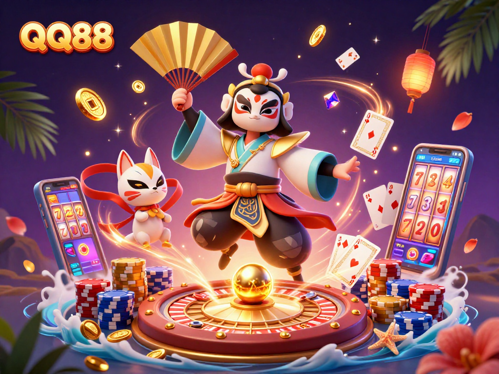Experience dynamic gameplay at QQ88 with a kabuki warrior amidst casino elements and treasures.