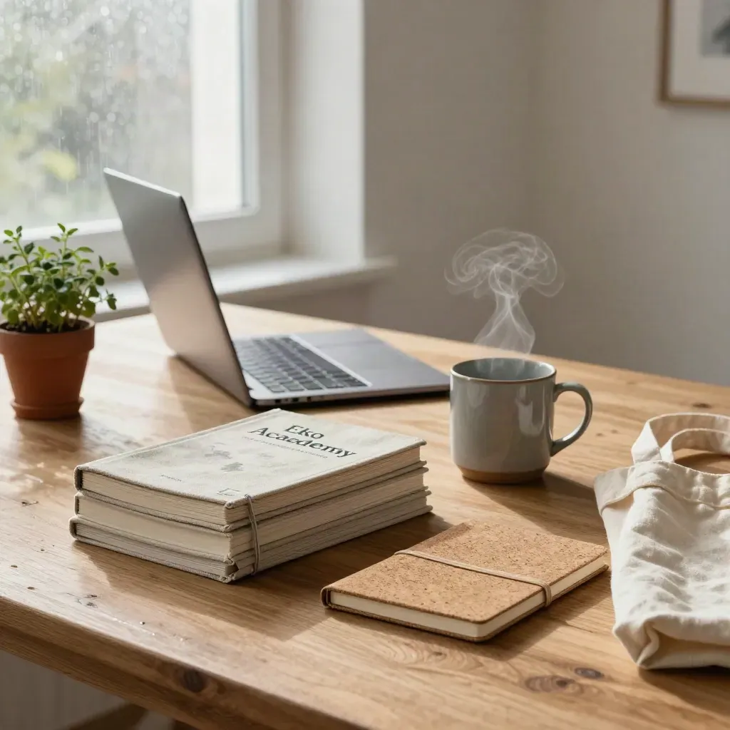 Ekobroschyrer, laptop, mugg och örtväxt i morgonljus efter regn.