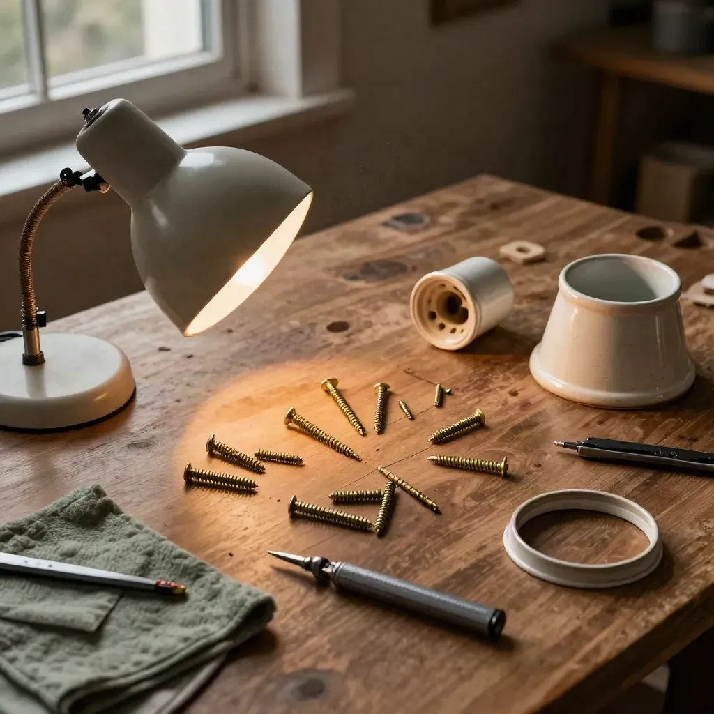 Top-down bild av ett reparationscafé med isärplockad bordslampa och verktyg på träbänk.