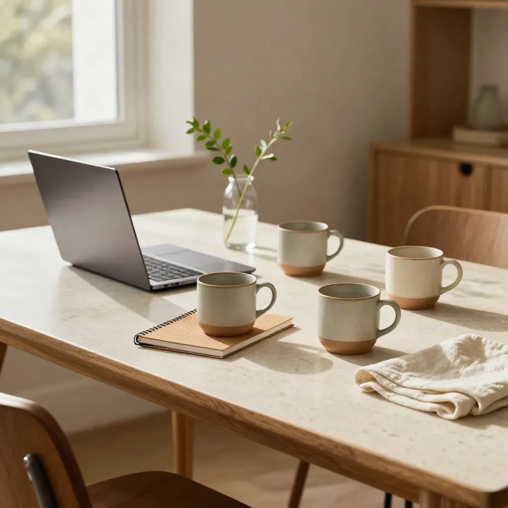 Tre lerkrus, en bortvänd laptop och en gren i glas i varmt eftermiddagssken.
