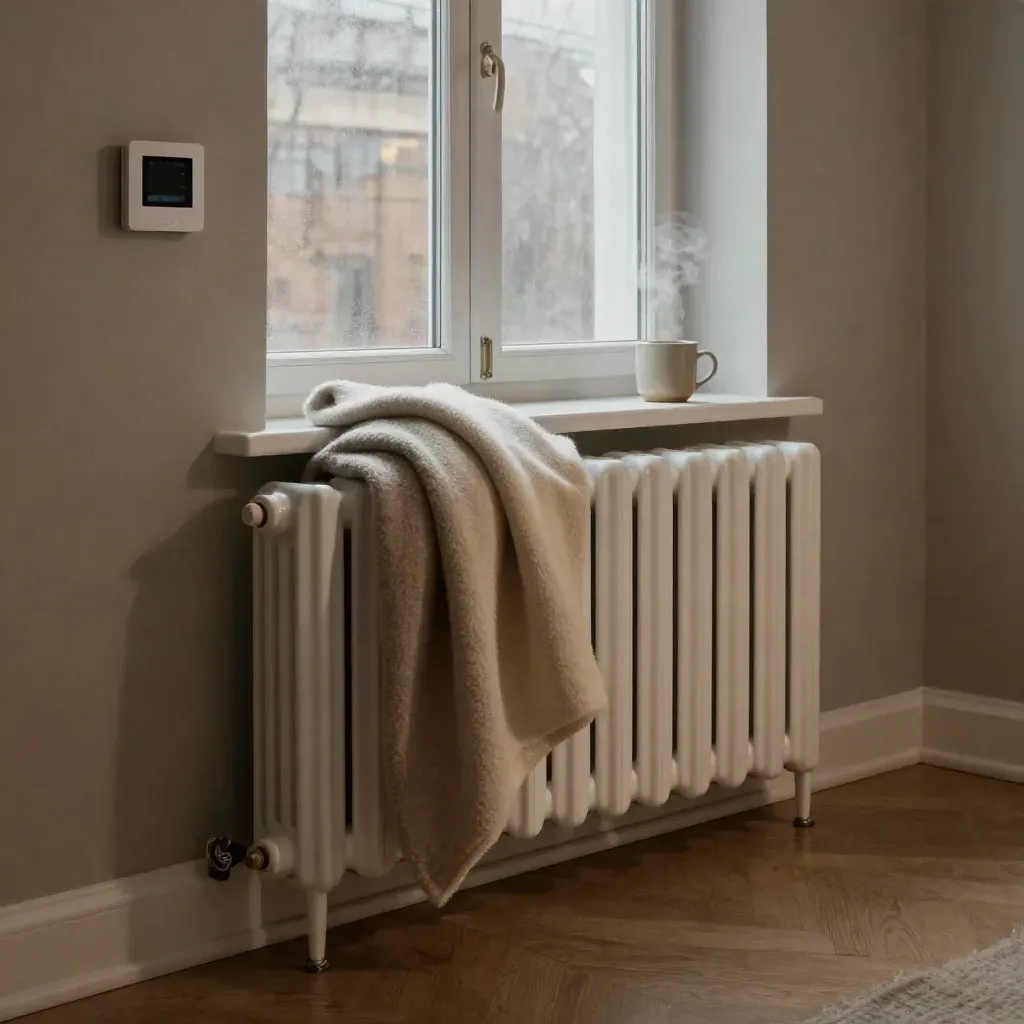 Radiatorhörn med ullpläd, vriden termostat, sluten ruta och mugg i kvällsljus