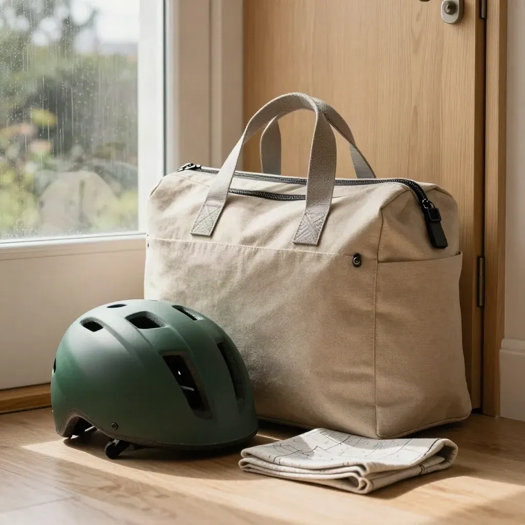 Packad weekendväska med cykelhjälm och tågväska vid dörren i mjukt morgonljus.