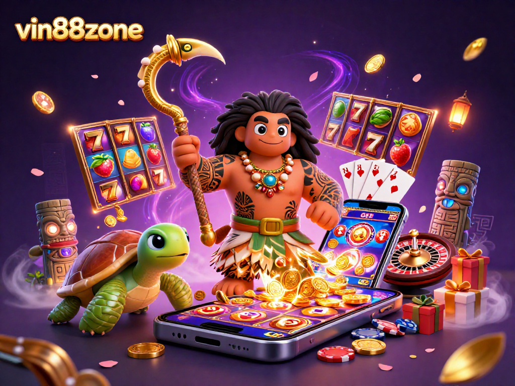 Experience vibrant slot games with vin88zone's magical characters in a dynamic casino scene.