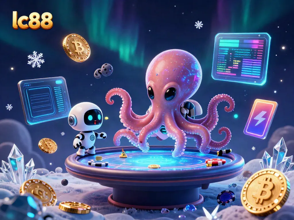 lc88 alien octopus engaging in a holographic poker game amidst glowing crypto coins and vibrant visual effects