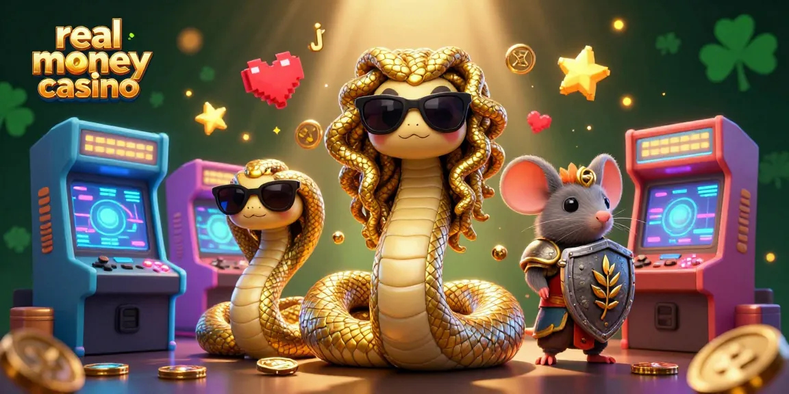 Engage at a real money casino with Medusa and a warrior mouse in a vibrant gaming scene.