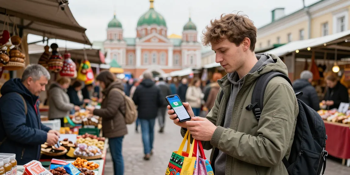 En el mercado ruso, un viajero usa https://payinrussia.com/ para realizar pagos móviles mientras explora.