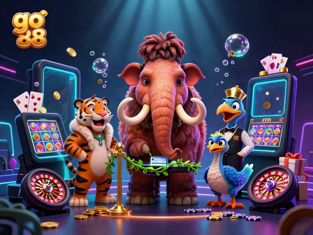Illustration of go 88 casino characters engaging in games with vibrant slot machines and lively atmosphere.