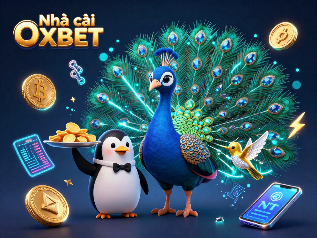 Experience the thrill of Nhà cái OXBET in this vibrant 3D illustration showcasing casino excitement and crypto elements.