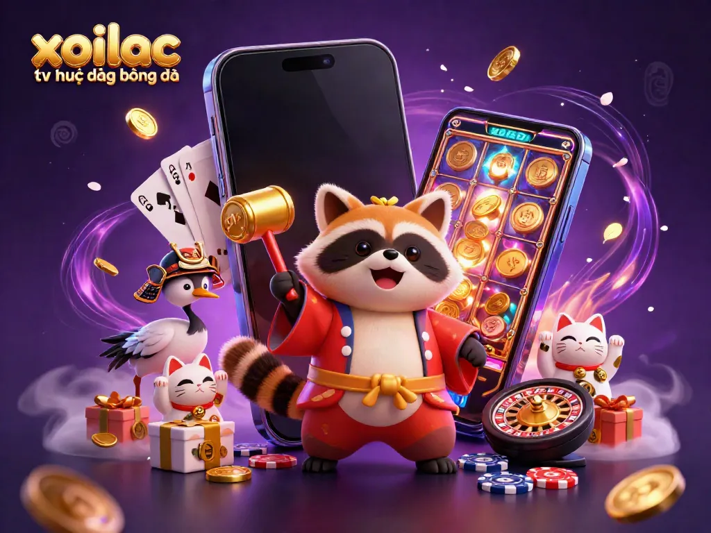 Xoilac tv trực tiếp bóng đá scene featuring a cheerful tanuki and a crane with casino elements, illustrating a lively gambling atmosphere.