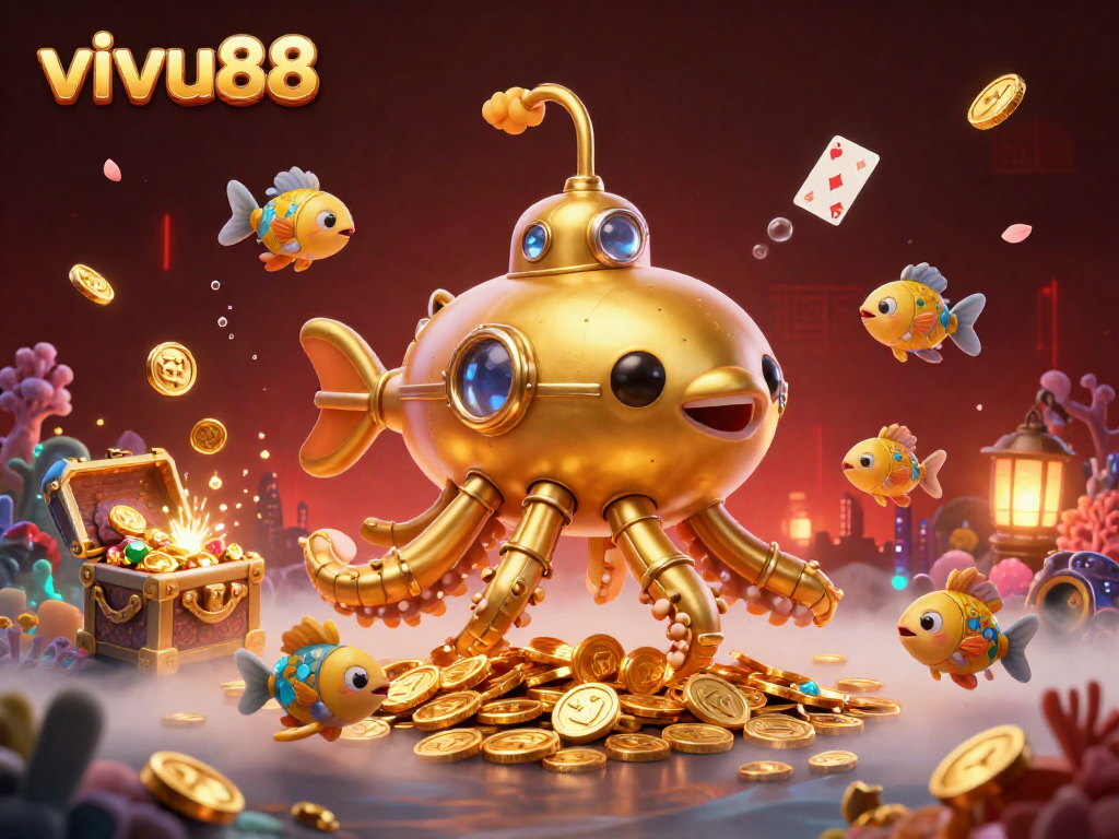 Experience the excitement of vivu88 with a golden kraken submarine emerging from gold coins, surrounded by vibrant gambling elements.