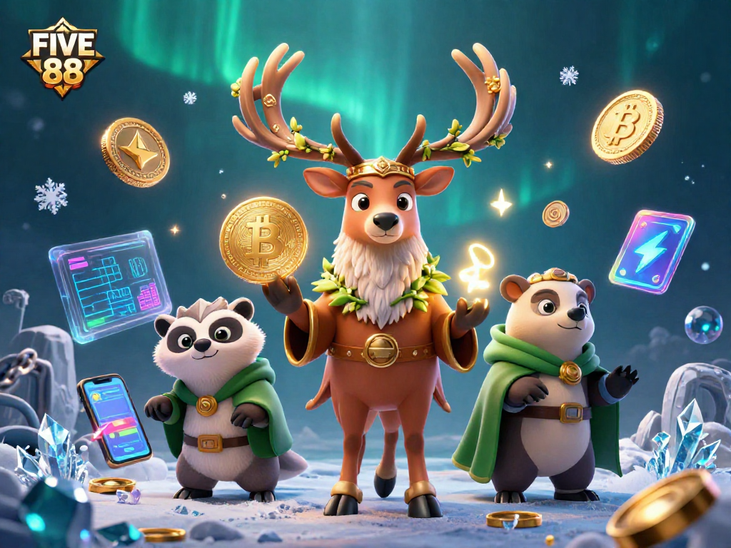 Experience FIVE 88 with a vibrant 3D scene of Celtic characters embracing crypto gaming action.