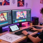 Vibrant creative workspace with animator working on AI hentai art