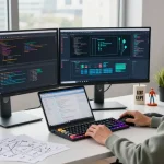 Dynamic workspace featuring a programmer at their desk coding, highlighting the WPS Official Website in a productive tech environment.